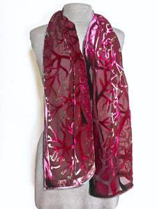 Red Velvet Scarf of Branches with Rain Drops Pattern