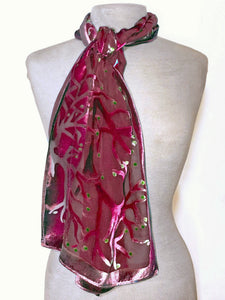 Red Velvet Scarf of Branches with Rain Drops Pattern