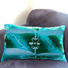 Load image into Gallery viewer, Teal  hand painted burnout velvet Pillow Inspired by Architectural Details with fleur de lis center on gray couch
