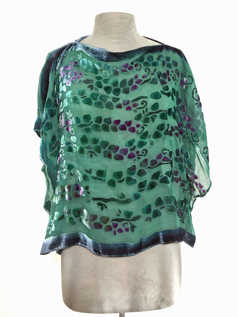 Teal Velvet Poncho Top with Willows Pattern.-Sherit Levin