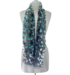 Velvet Gingko Leaf Scarf in Black with Turquoise