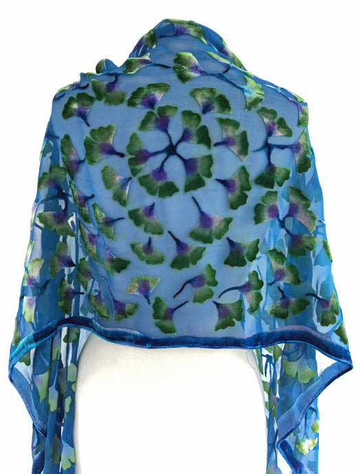 Velvet Gingko Leaves Scarf/Shawl in Blue-Sherit Levin