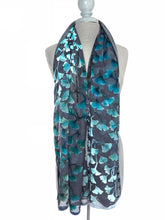 Load image into Gallery viewer, Velvet Gingko Leaves Scarf/Shawl in Dark Gray and Turquoise-Sherit Levin
