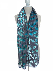 Velvet Gingko Leaves Scarf/Shawl in Dark Gray and Turquoise-Sherit Levin