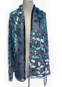 Velvet Gingko Leaves Scarf/Shawl in Dark Gray and Turquoise