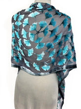 Load image into Gallery viewer, Velvet Gingko Leaves Scarf/Shawl in Dark Gray and Turquoise-Sherit Levin
