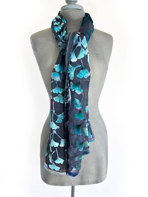 Velvet Gingko Leaves Scarf/Shawl in Dark Gray and Turquoise-Sherit Levin