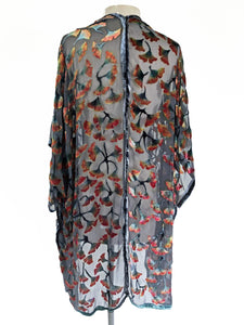 Velvet Kimono Gingko Leaves in Black and Orange Earth Tones-Sherit Levin