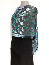 Load image into Gallery viewer, Velvet Poncho in Black With Turquoise Gingko Leaves-Sherit Levin
