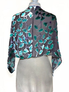 Velvet Poncho in Black With Turquoise Gingko Leaves-Sherit Levin