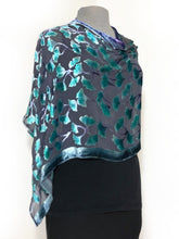 Load image into Gallery viewer, Velvet Poncho in Black With Turquoise Gingko Leaves-Sherit Levin
