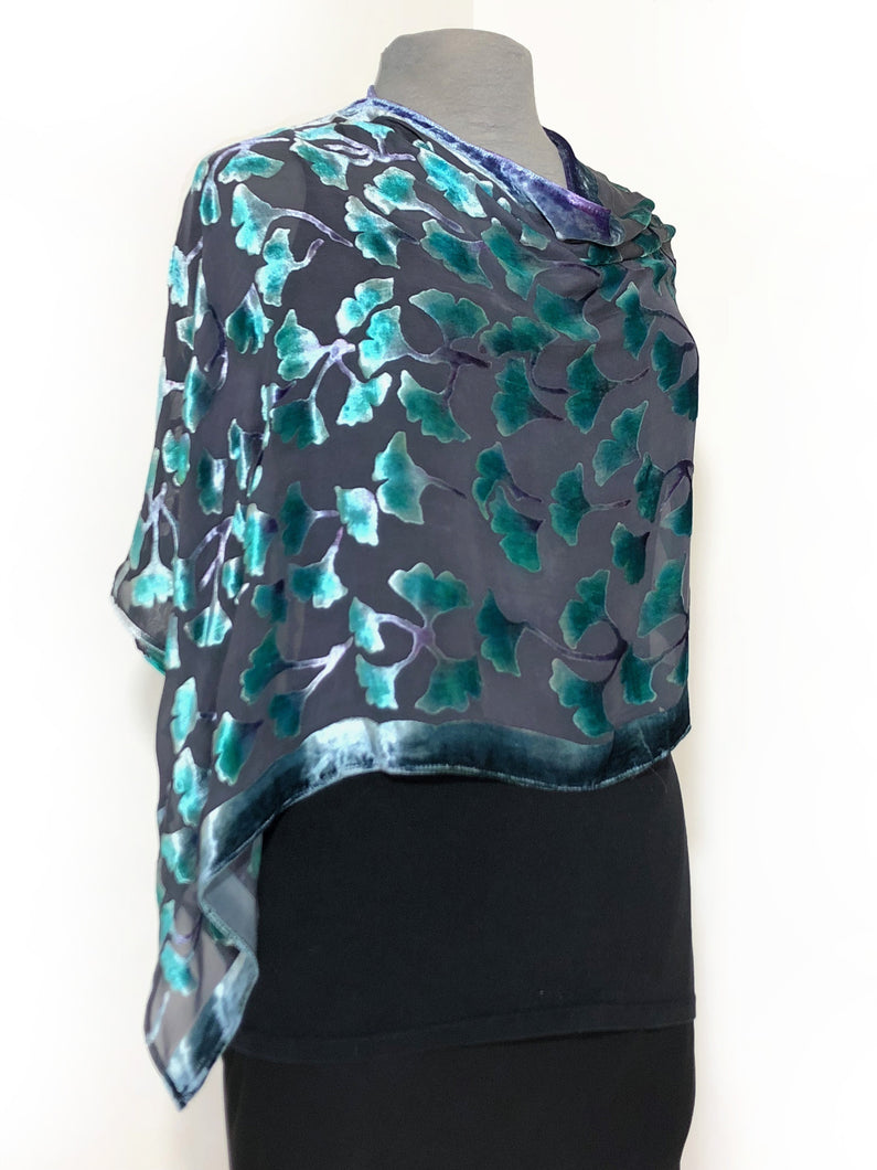 Velvet Poncho in Black With Turquoise Gingko Leaves-Sherit Levin