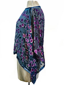 Velvet Poncho Top in Navy with Purple Roses-Sherit Levin