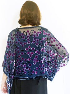 Velvet Poncho Top in Navy with Purple Roses-Sherit Levin