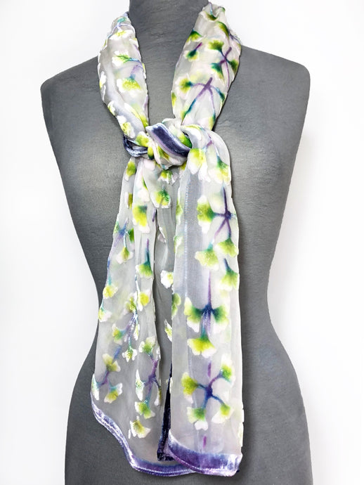 Velvet Scarf with Gingko Leaves in Ivory-Sherit Levin