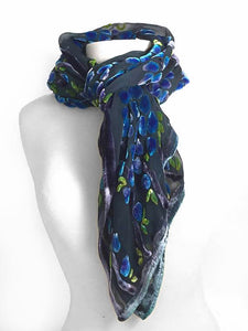 Velvet Scarf/Shawl Hand-Painted with Willows Pattern in black with Violet