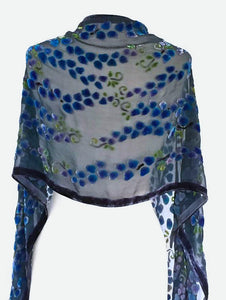 Velvet Scarf/Shawl Hand-Painted with Willows Pattern in black with Violet