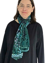 Load image into Gallery viewer, Velvet Scarf/Shawl Hand-Painted with Willows Pattern in Teal and Aquamarine

