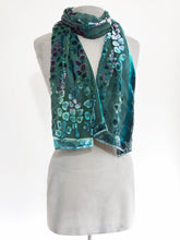 Load image into Gallery viewer, Velvet Scarf/Shawl Hand-Painted with Willows Pattern in Teal and Aquamarine-Sherit Levin
