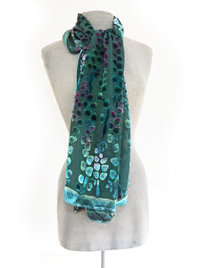 Velvet Scarf/Shawl Hand-Painted with Willows Pattern in Teal and Aquamarine-Sherit Levin