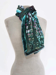 Velvet Scarf/Shawl Hand-Painted with Willows Pattern in Teal and Aquamarine