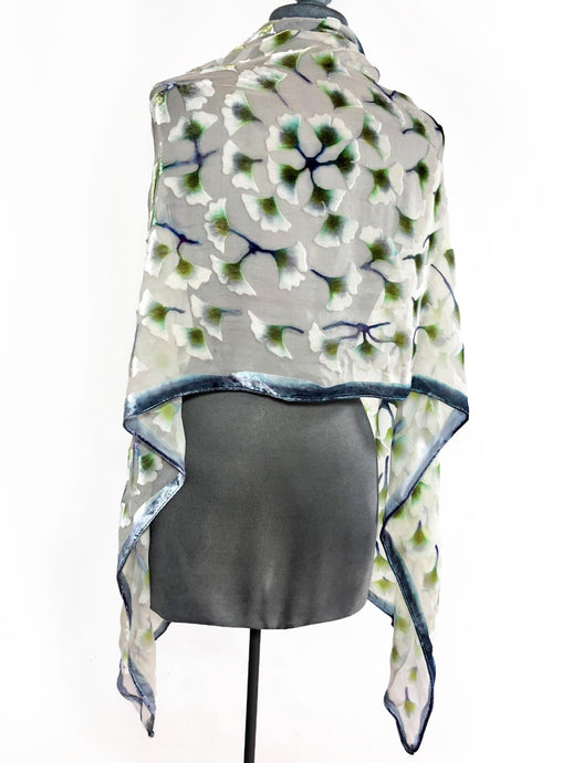 Velvet Scarf/Shawl with Gingko Leaves in Ivory-Sherit Levin